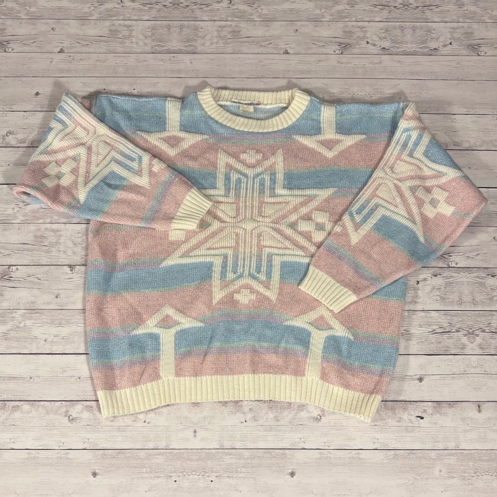 Vintage Rose Pastel Pink Blue Novelty Pattern Crew Neck Sweater Pullover